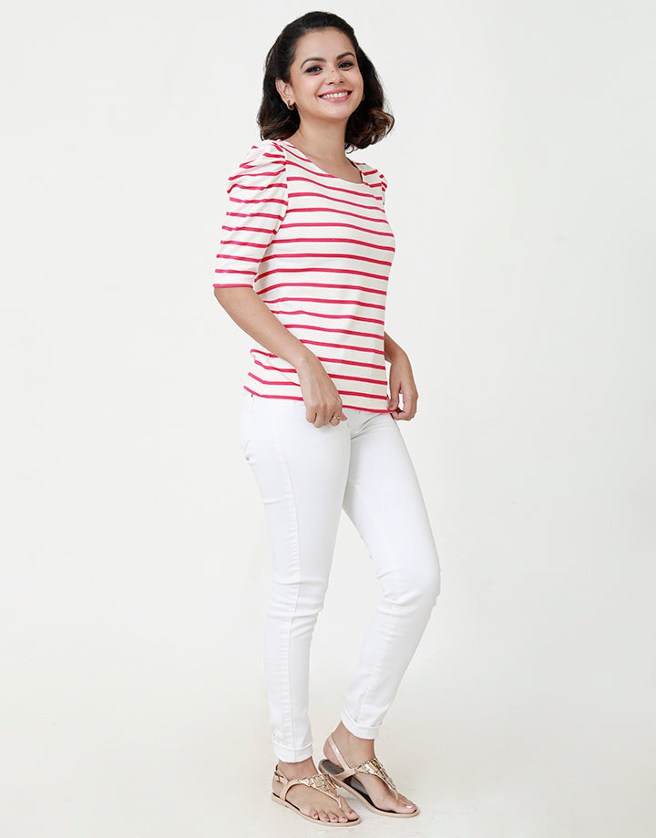 Striped T-Shirt with Leg of Mutton Sleeves
