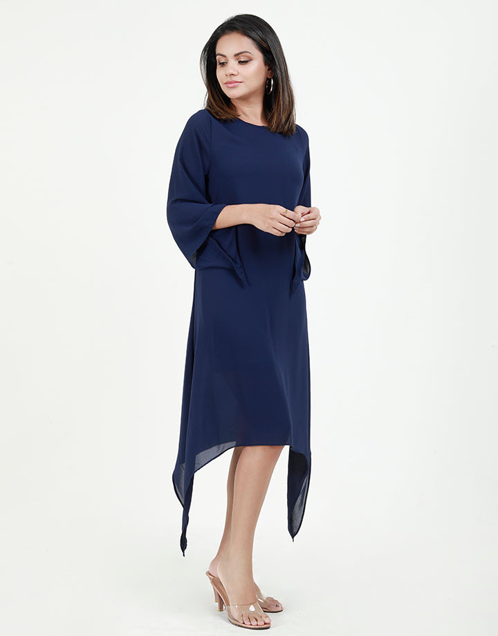 Stylish Sleeves Dress with Asymmetrical Hem