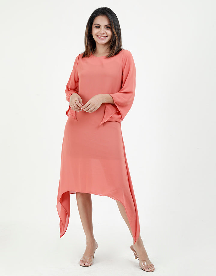 Stylish Sleeves Dress with Asymmetrical Hem