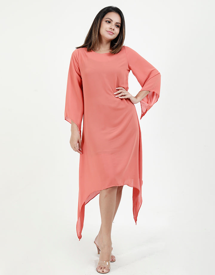Stylish Sleeves Dress with Asymmetrical Hem