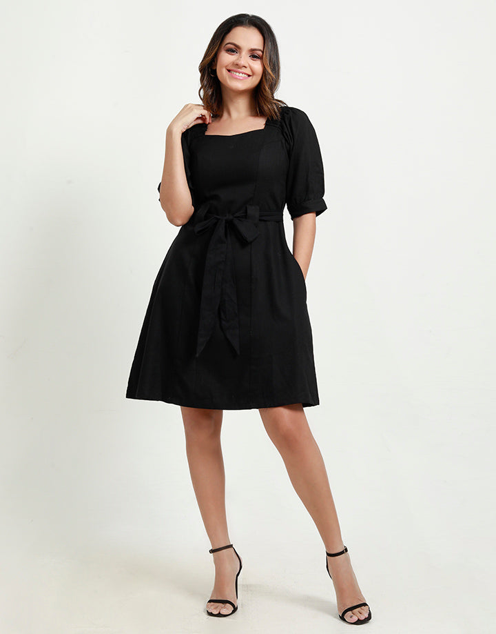 Two Way Linen Dress with Puff Sleeves