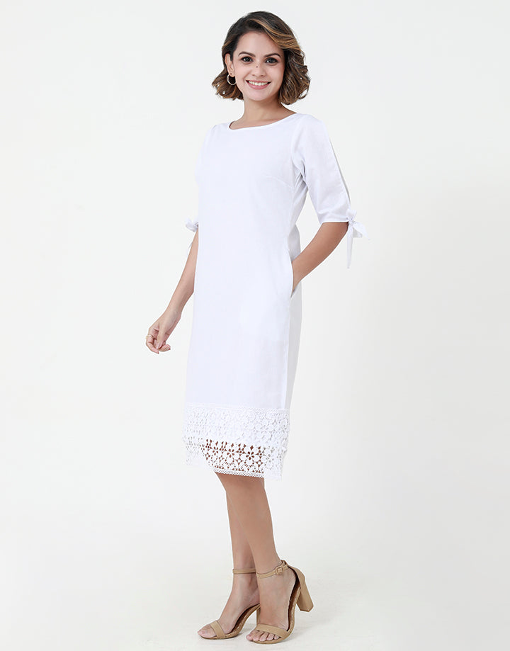 White A-Line Dress with Laced Hem