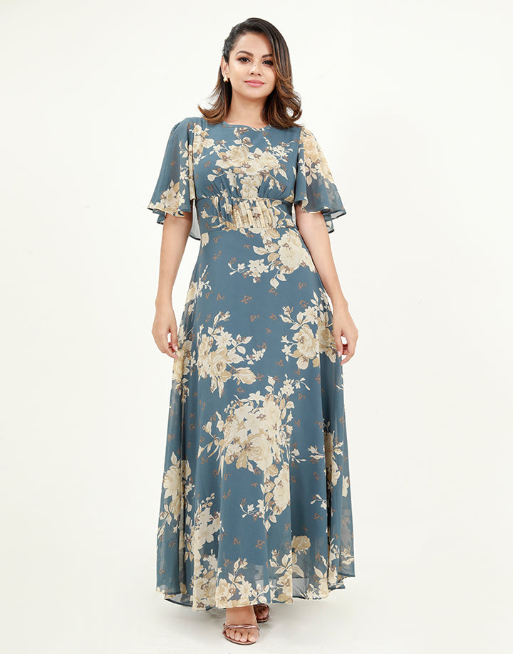 Printed Butterfly Sleeves Maxi Dress