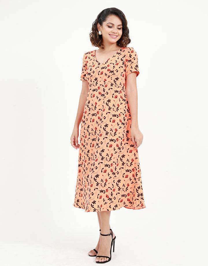 Printed Midi Dress with Short Sleeves
