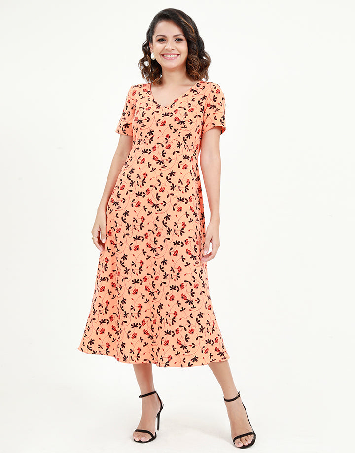 Printed Midi Dress with Short Sleeves